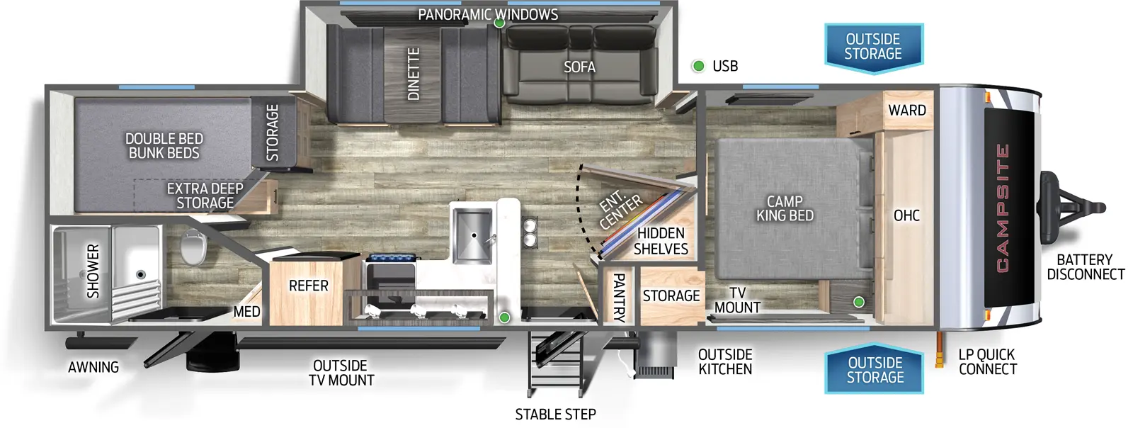 The Campsite Ultra 26CJL floorplan has two entries and one slide out. Exterior features include: fiberglass exterior, 18' awning and outside kitchen. Interiors features include: bunk beds and front bedroom.